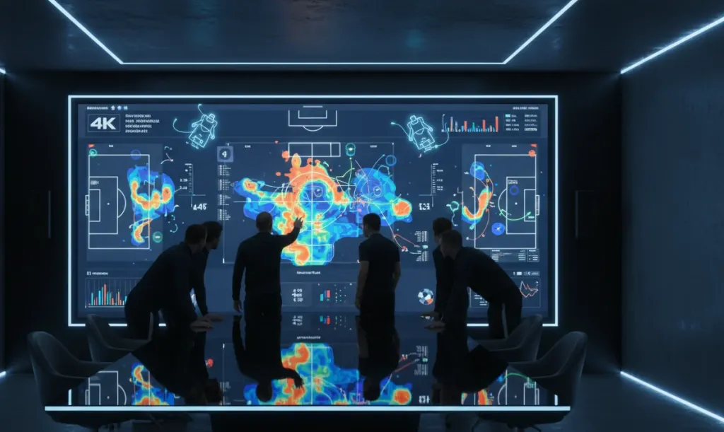 Coaching team analyzing AI-generated tactical data on a large interactive display in a modern war room