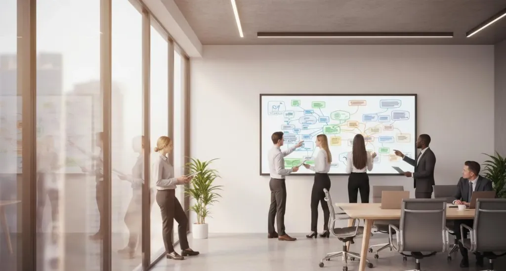 Team collaborating around an interactive digital whiteboard in a modern enterprise meeting room