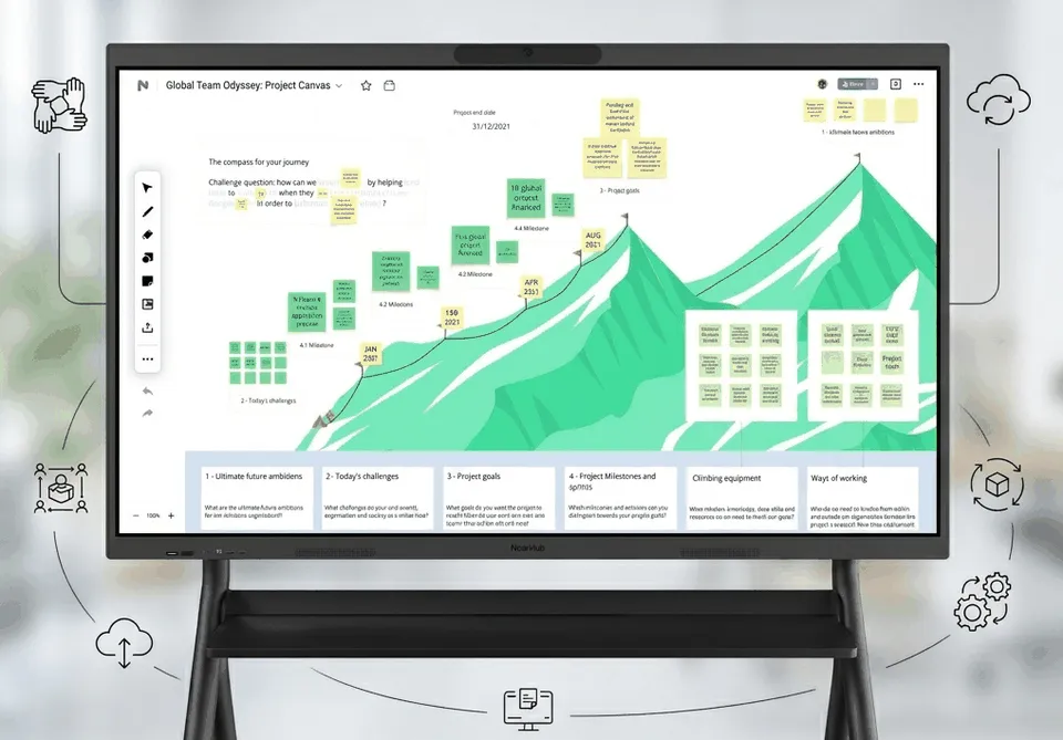 Diverse professionals collaborating in a modern open office with digital displays and shared workstations