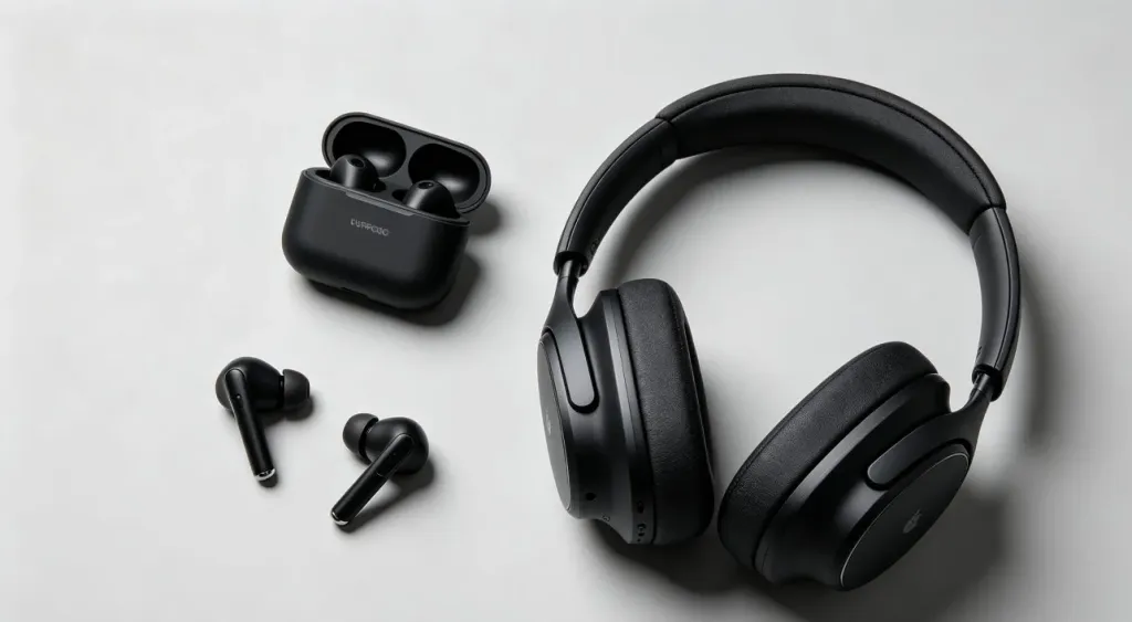 A flat-lay arrangement of wireless earbuds and over-ear headphones on a clean gray surface