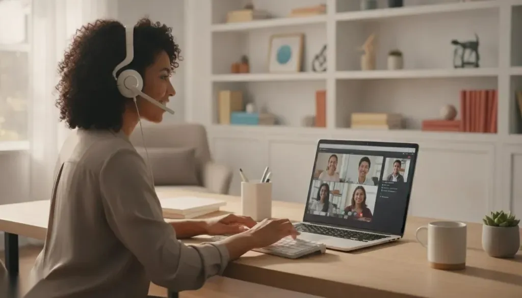 Professional online teacher wearing a white wireless headset in a bright modern home office, conducting a virtual class with clear audio and a confident, relaxed posture
