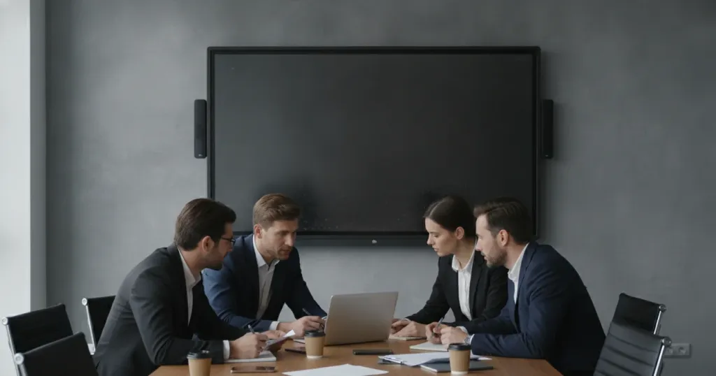 Professionals gathered around a laptop while an expensive smart board sits unused on the wall behind them