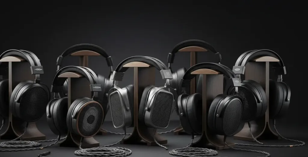 Collection of premium open-back headphones arranged on dark studio surface with dramatic rim lighting