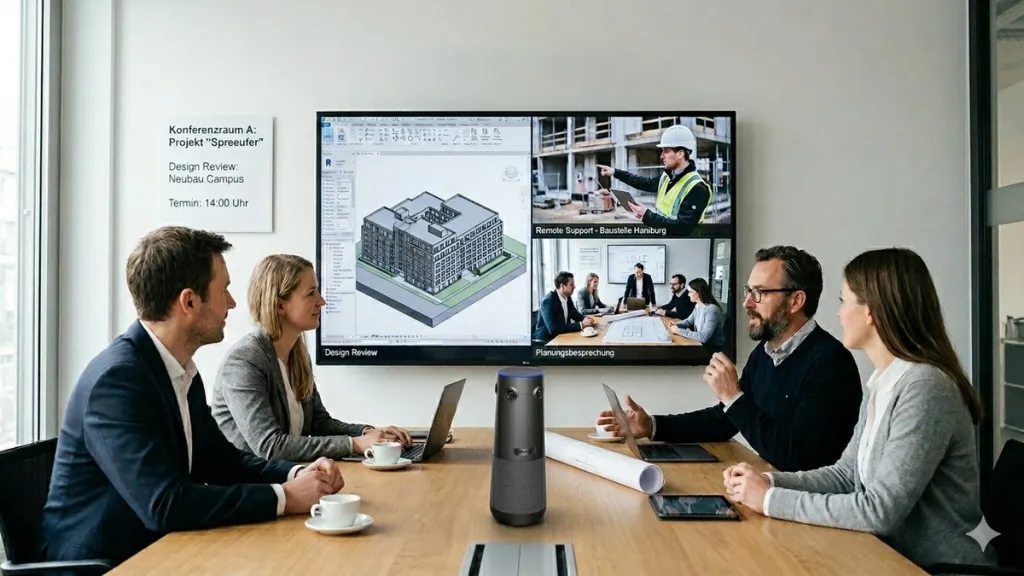 Hybrid Meeting Szenario mit Architekten und Baustellenteam in einer Videokonferenz mit großem Display