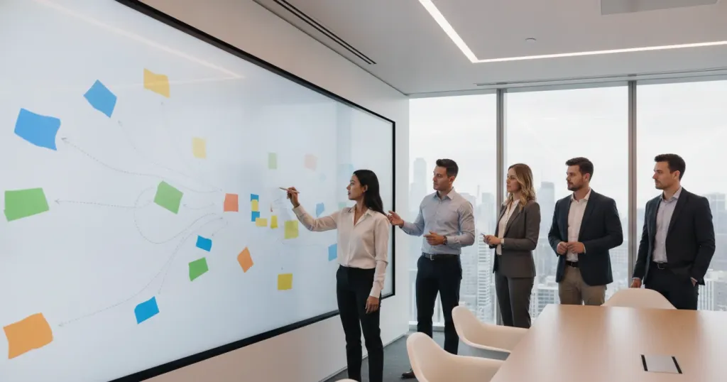 enterprise team collaborating around an interactive whiteboard in a modern conference room