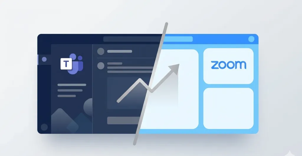 Cover comparison showing Teams and Zoom interface elements in a modern workspace