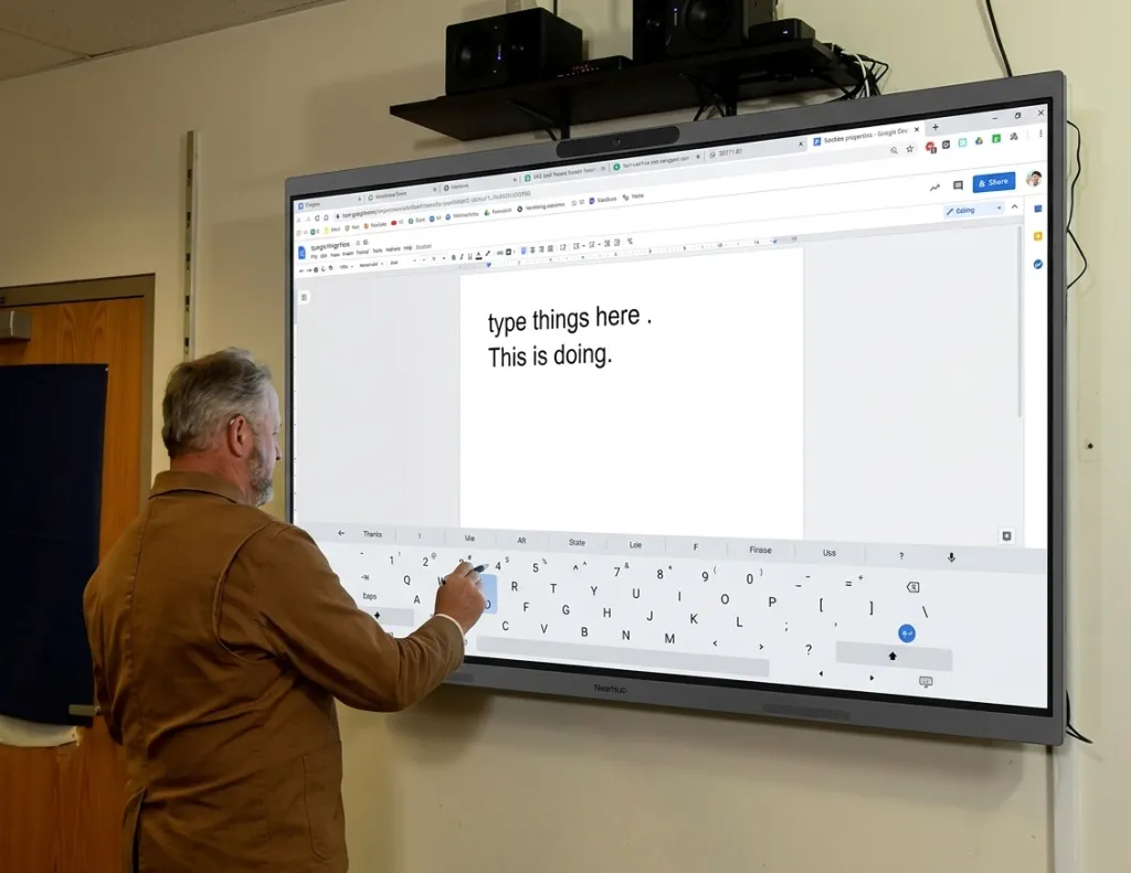 Figure 1: Teacher using interactive touch screen whiteboard in classroom setting