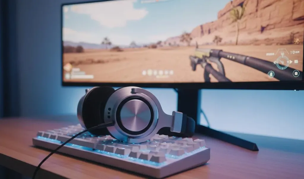 Premium gaming setup with open-back headphones on a mechanical keyboard, ultrawide monitor showing an FPS game, RGB ambient lighting in blue and purple tones