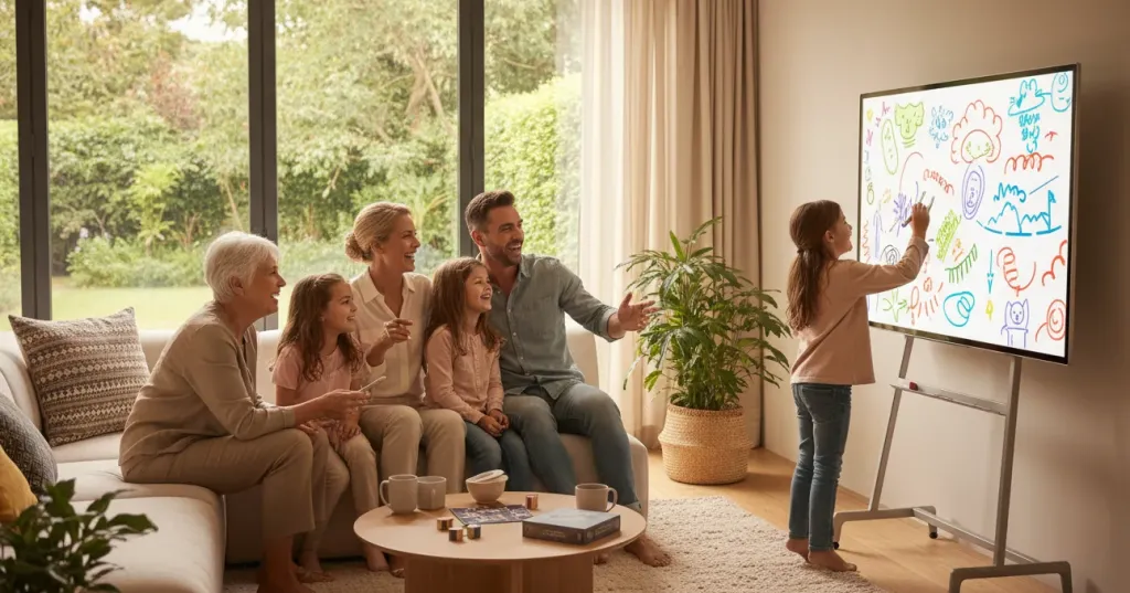 Multi-generational family enjoying interactive drawing games together in a bright modern living room with a large digital display screen