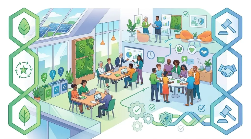 A modern sustainable workplace with diverse employees collaborating, featuring solar panels, recycling bins, green plants, and ESG-themed icons for environmental, social, and governance principles