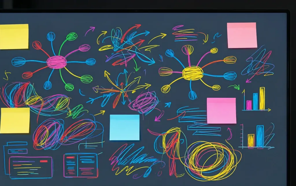 Creative brainstorming session with colorful mind maps, sketches, and sticky notes on a large digital whiteboard display in a modern studio