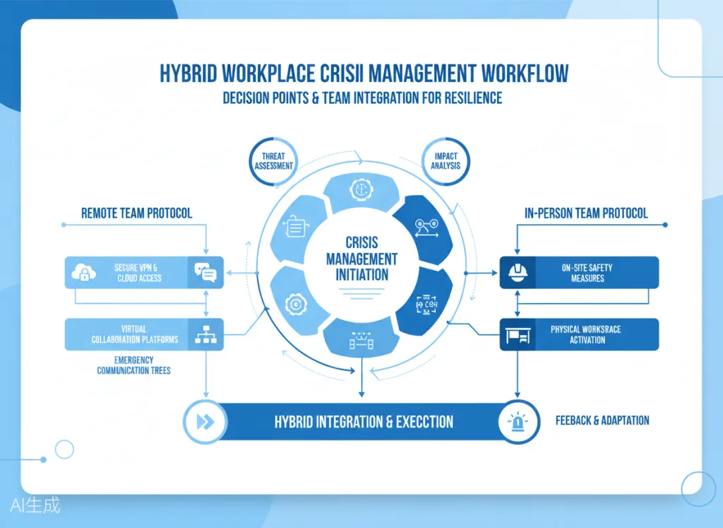 Figure 4: Hybrid workplace crisis management workflow showing decision points and team integration
