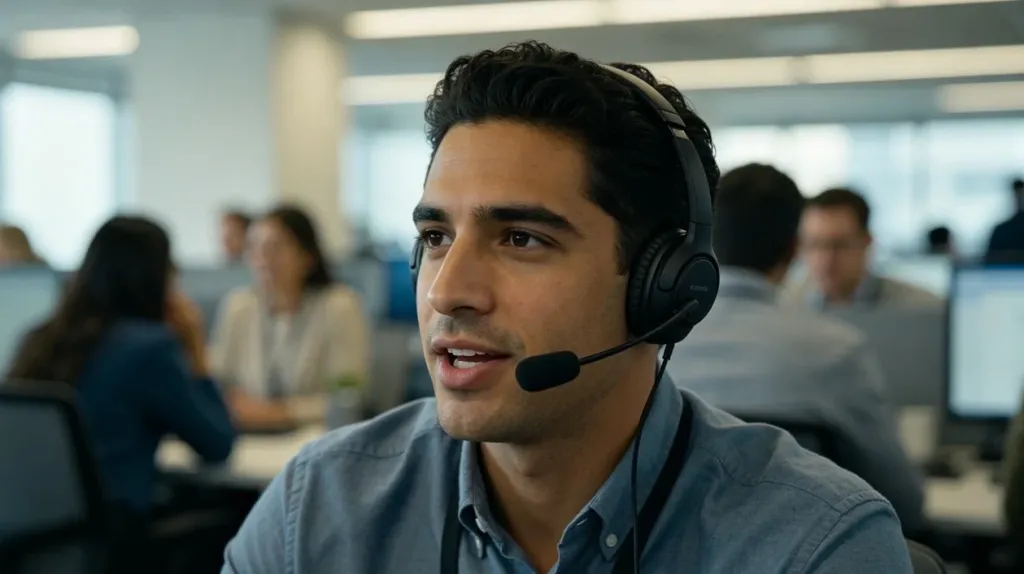 Customer service representative in a busy office demonstrating AI noise cancellation on a wireless headset