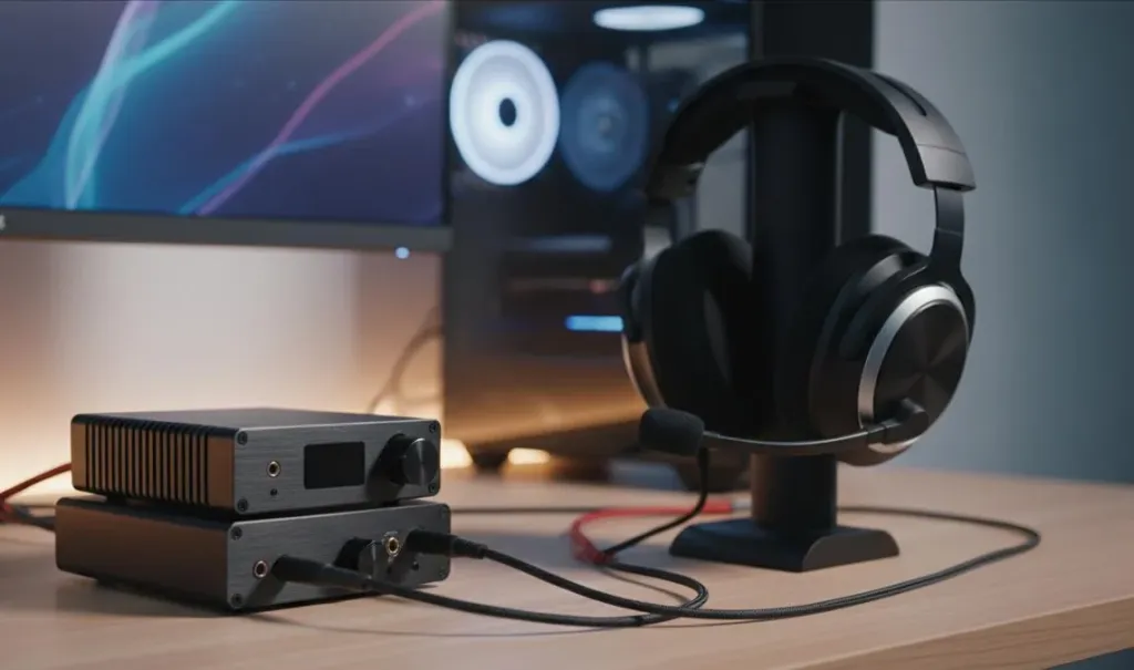 Gaming audio setup showing a headphone amplifier and DAC unit on a clean desk next to a gaming headset, warm ambient lighting