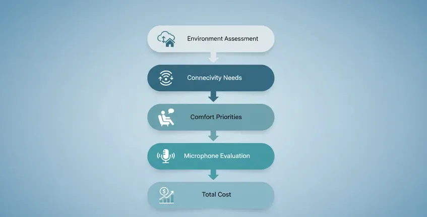 Clean five-step decision framework flowchart from Environment Assessment through Connectivity Needs Comfort Priorities Microphone Evaluation to Total Cost