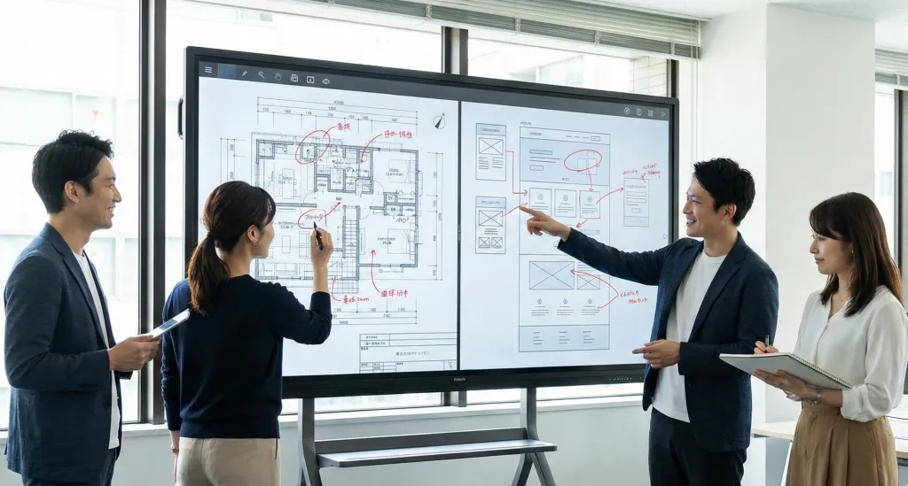 インタラクティブホワイトボードで会議をしている会社員たち