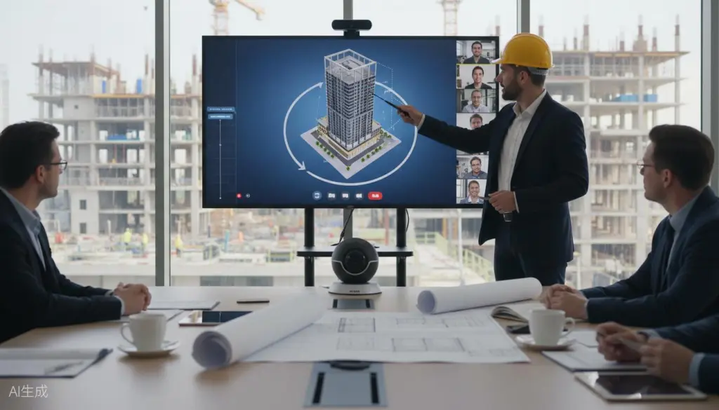 Architekt führt einen Design-Review per Videokonferenz durch, zeigt auf 3D-Gebäudemodell auf dem Display, 360-Grad-Kamera auf dem Tisch