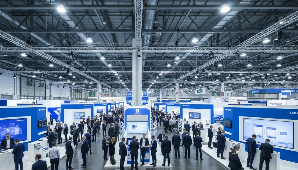 Besucher auf einer großen Bildungsmesse mit digitalen Displays und interaktiven Ständen