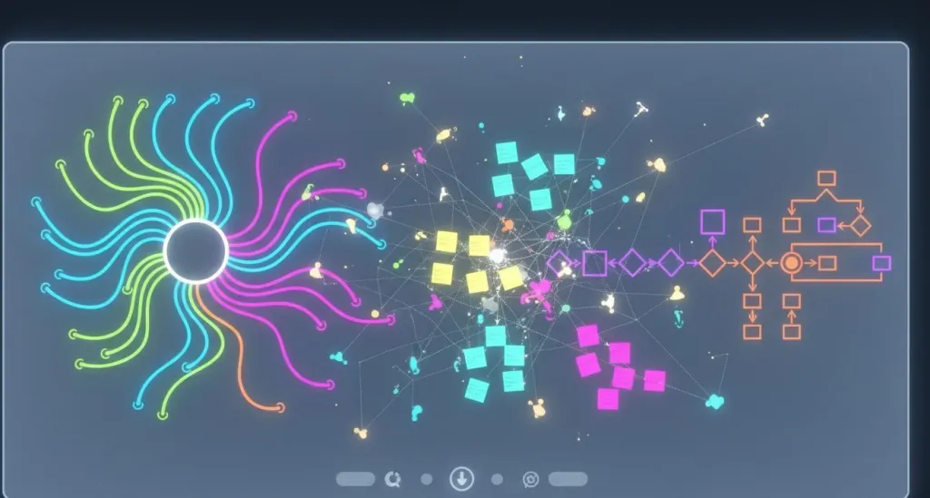 Close-up of a digital whiteboard interface showing an organized infinite canvas with mind maps, flowcharts, and connected idea clusters