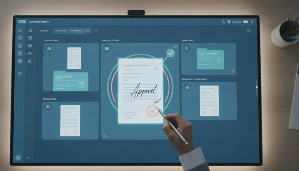 Overhead view of a digital permit management interface on an interactive smart board, with a hand holding a stylus digitally approving a construction permit document, modern desk setup with ambient lighting
