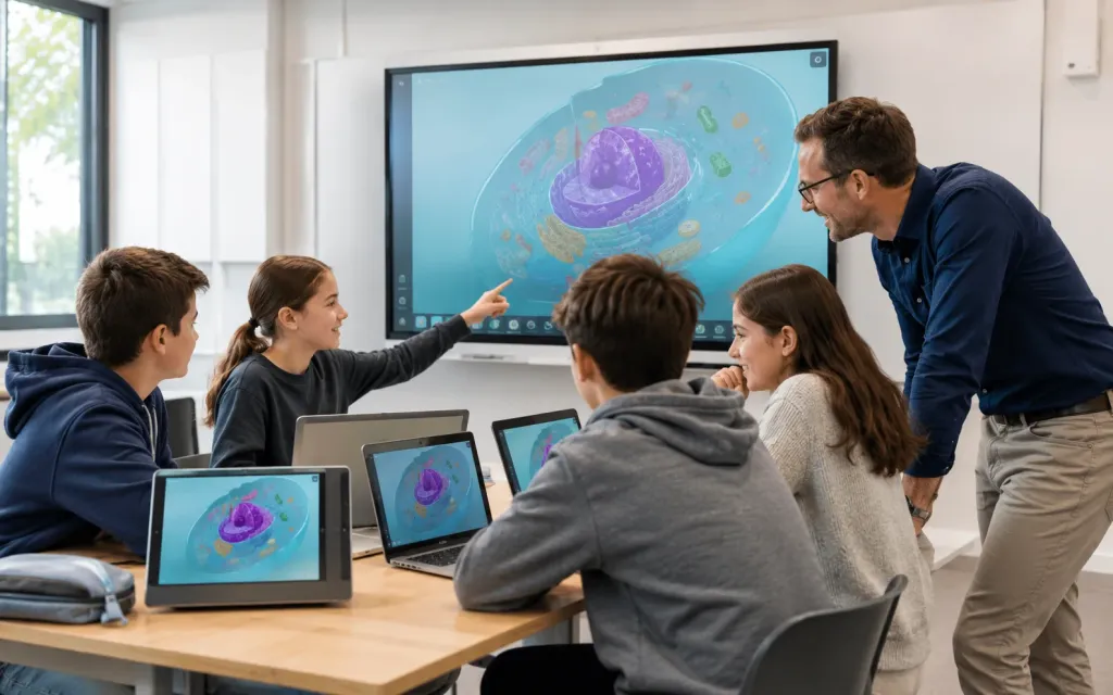 Schülerinnen und Schüler arbeiten mit Laptops und einem großen Display gemeinsam an digitalen Inhalten