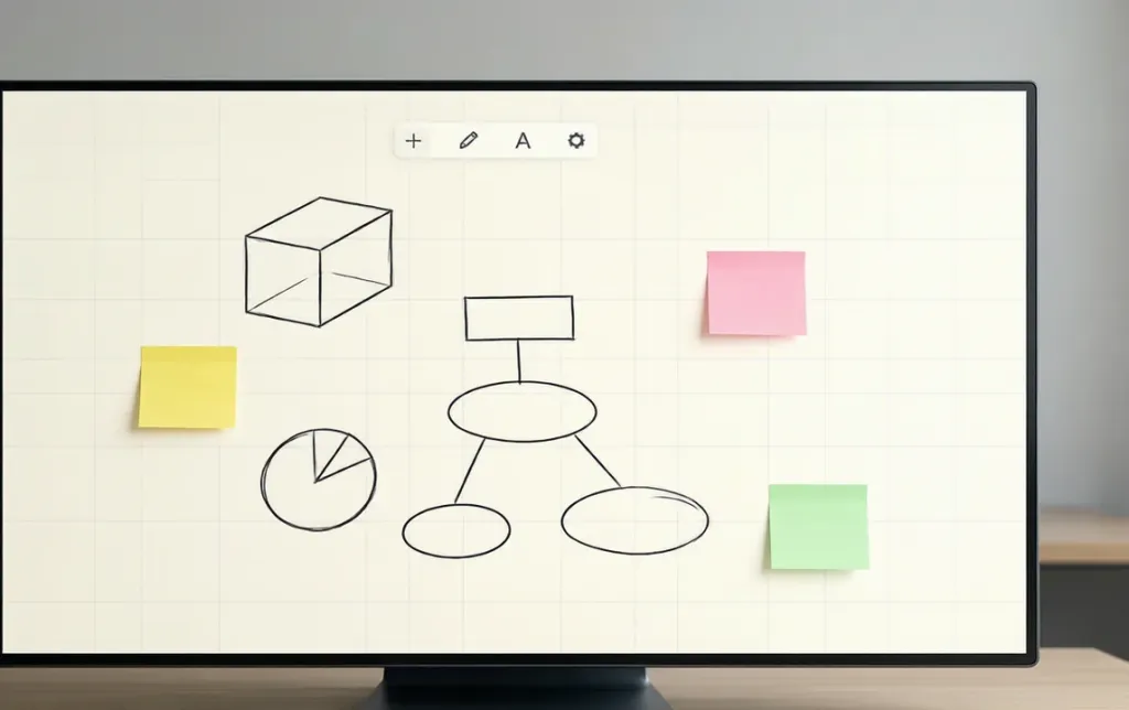 Close-up of a clean minimal digital whiteboard interface on a large touchscreen showing hand-drawn sketches, sticky notes, and flowchart elements on an infinite canvas