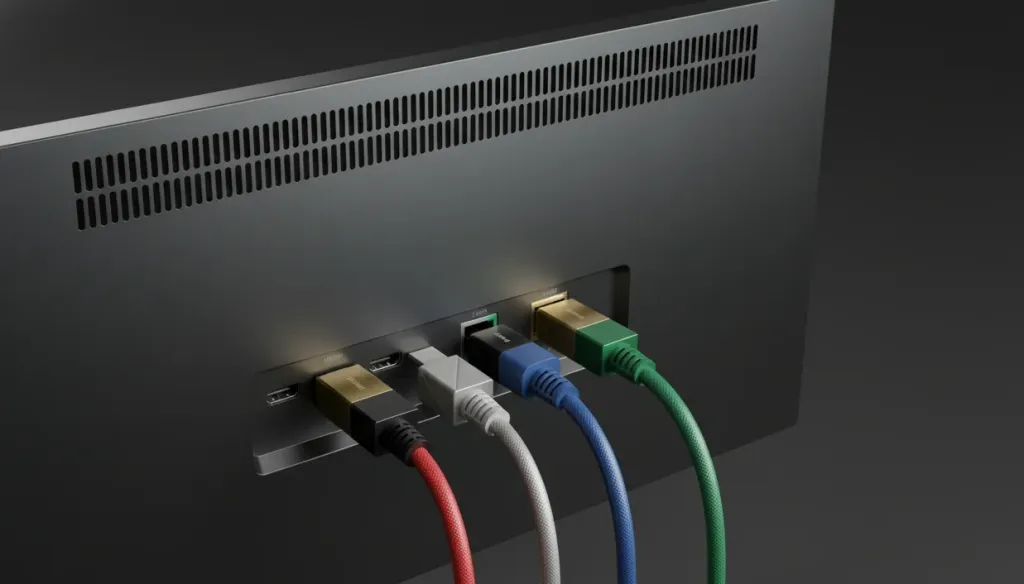 プロフェッショナルディスプレイの背面接続端子、HDMIやUSB-Cなどのケーブルが接続されている様子