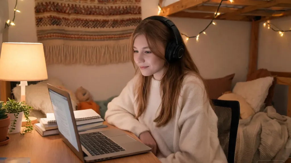 Student studying comfortably in a cozy dorm room, wearing a headset, warm ambient lighting, laptop on desk with plants and books nearby, lifestyle editorial photography, no text, no logos, clean edges, no borders, no black bars, full bleed composition