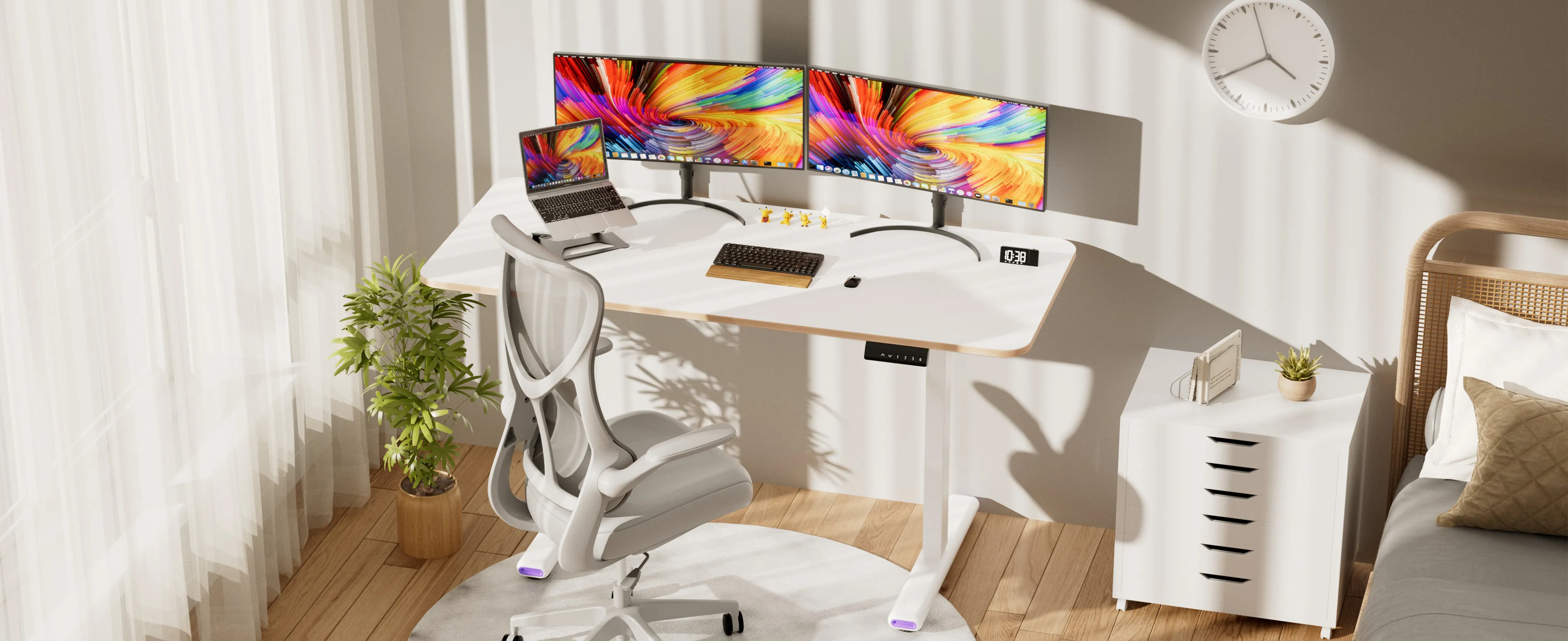 NearHub OD30 white standing desk in a cozy home office setup