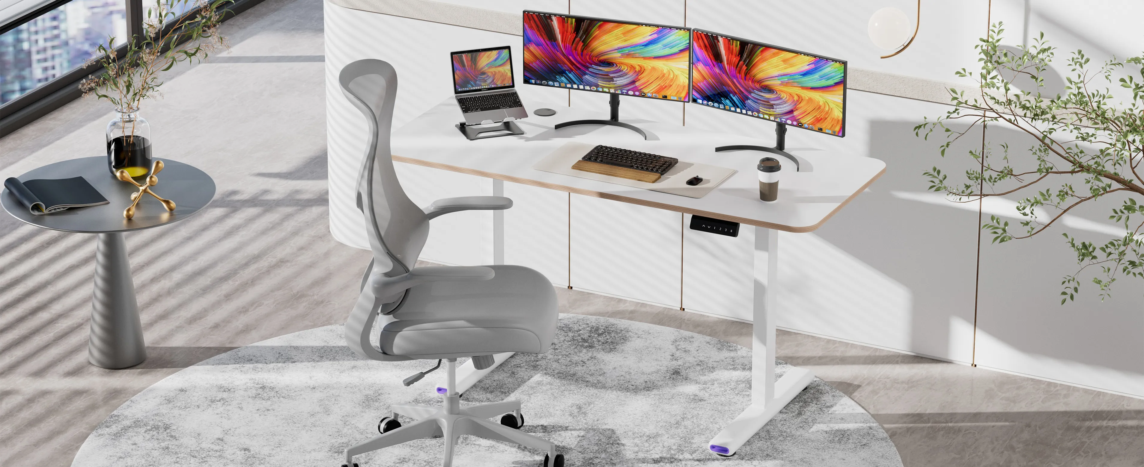 NearHub OD30 white standing desk in a minimalistic studio design