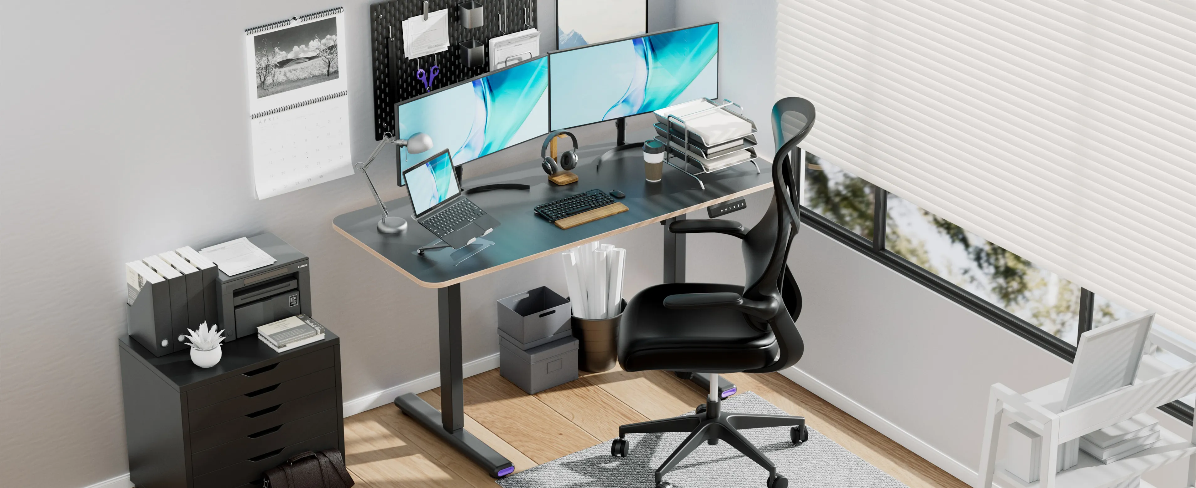 Close-up of NearHub dual motor height adjustable desk in a home office