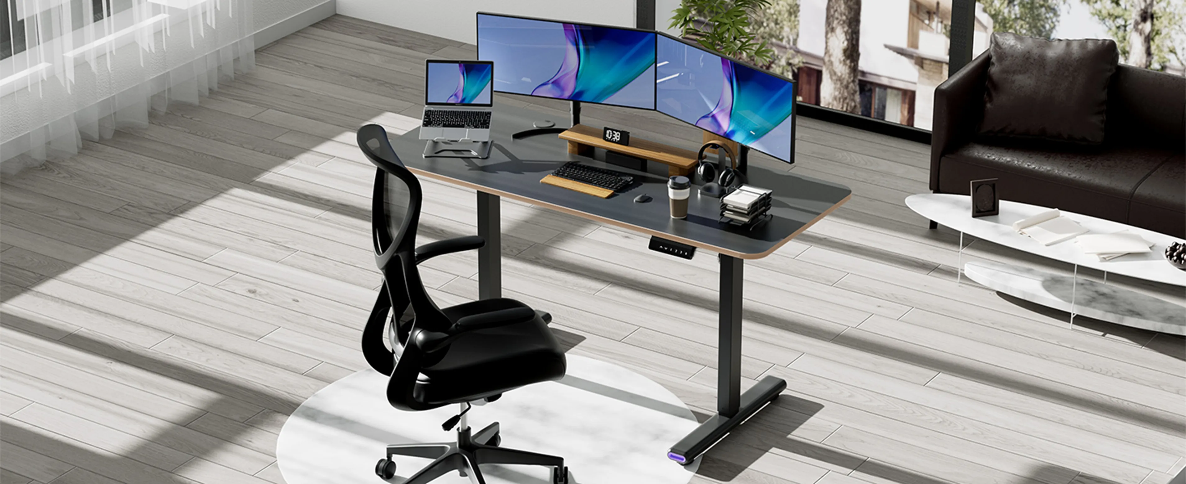 Side view of NearHub adjustable desk in a modern studio setting