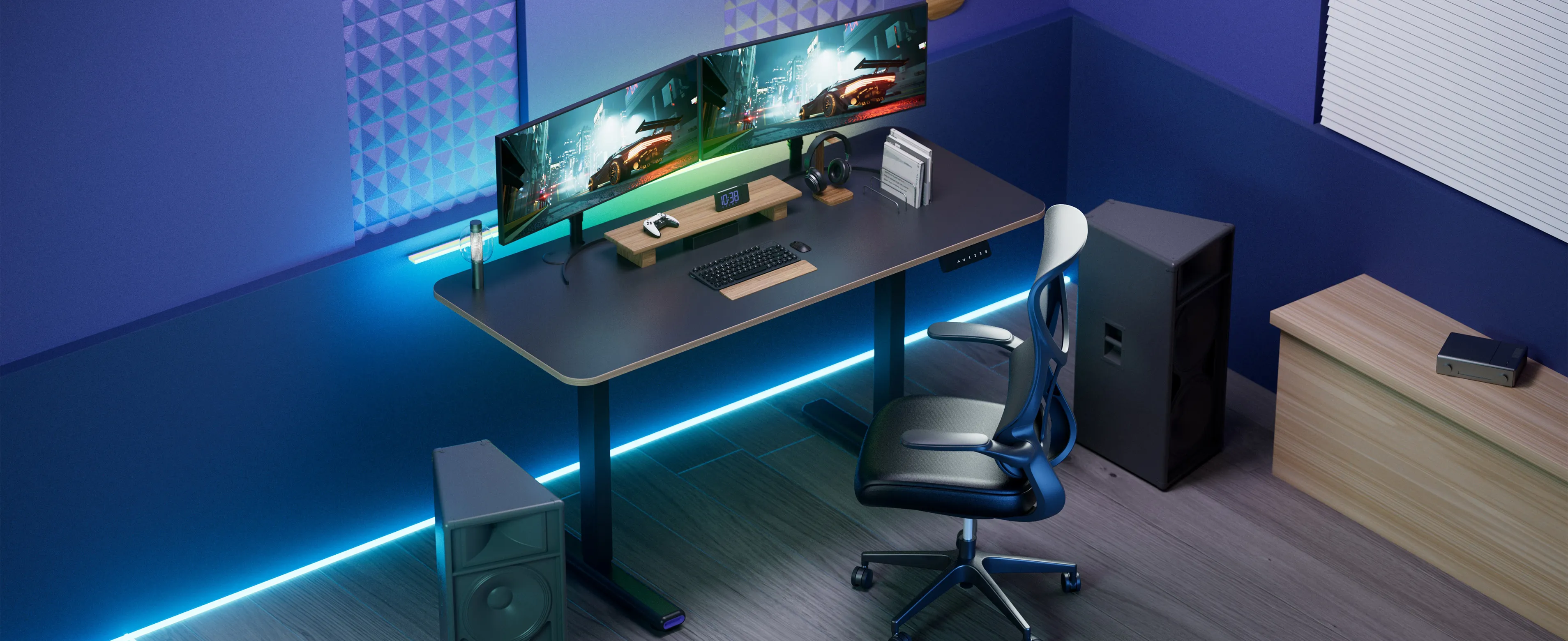 Gaming environment featuring the NearHub adjustable desk with LED lights