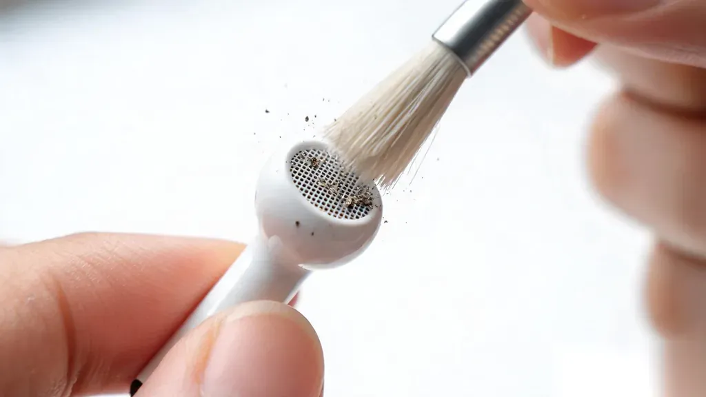 Macro close-up of a hand cleaning the mesh grille of a white wireless earbud with a fine soft brush