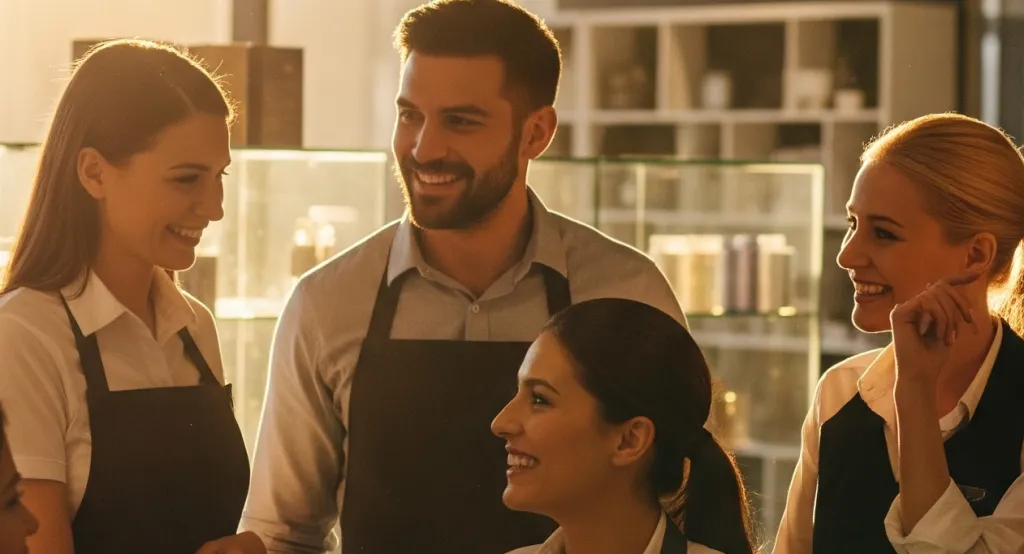 A diverse and energized retail team starting their early morning shift in a modern store with warm golden sunrise light through the windows.