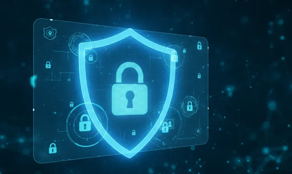 Abstract digital security shield concept representing EDLA security standards and data protection for school devices