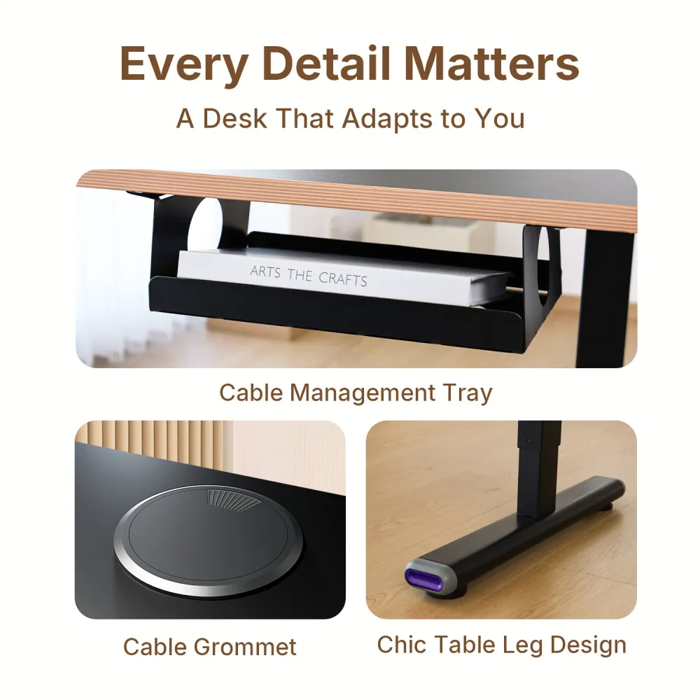 Many details of a black electrical sit stand desk