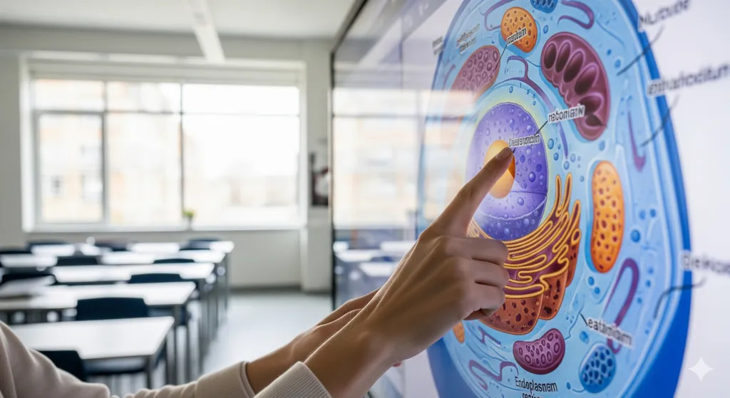 A finger pointing at a picture on a smart whiteboard, ready to zoom in.