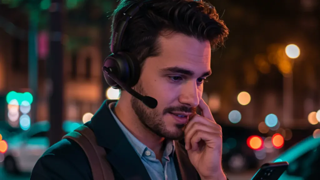 Man wearing ENC noise cancelling headphones on a busy city street