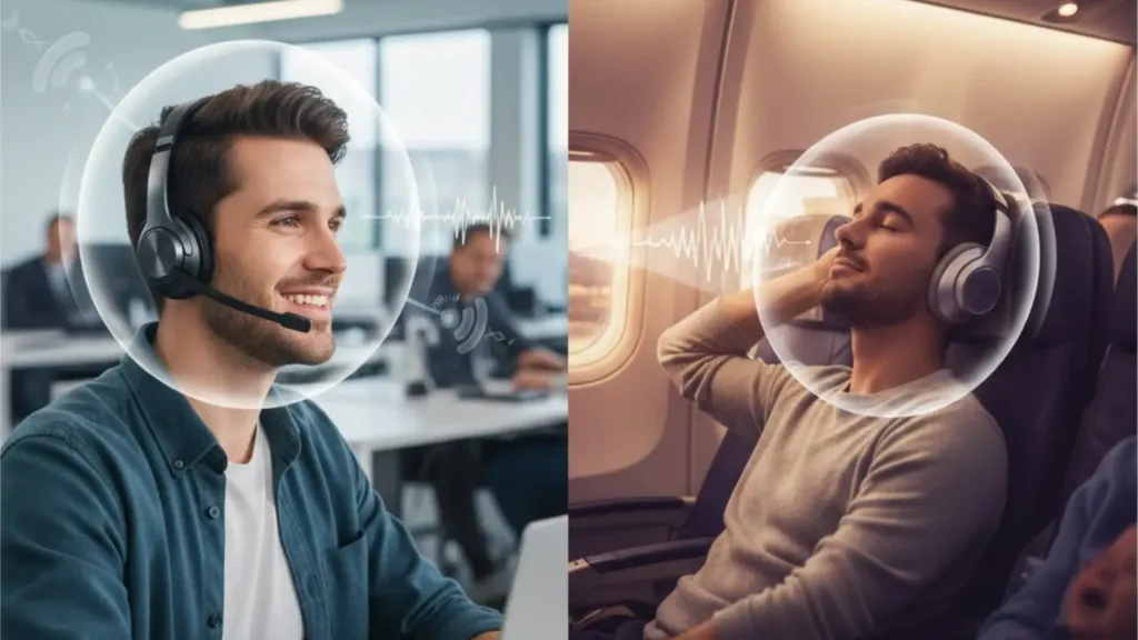 Infographic comparing ENC (Environmental Noise Cancellation) and ANC (Active Noise Cancellation) showing key differences in call clarity and music listening.