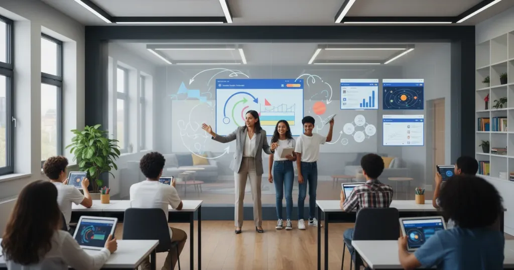 An engaged classroom where students and teachers actively collaborate using an interactive whiteboard display with wireless device connections