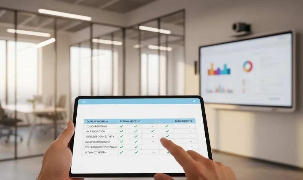 IT manager evaluating smart board specifications and feature comparisons on a tablet in a modern office environment
