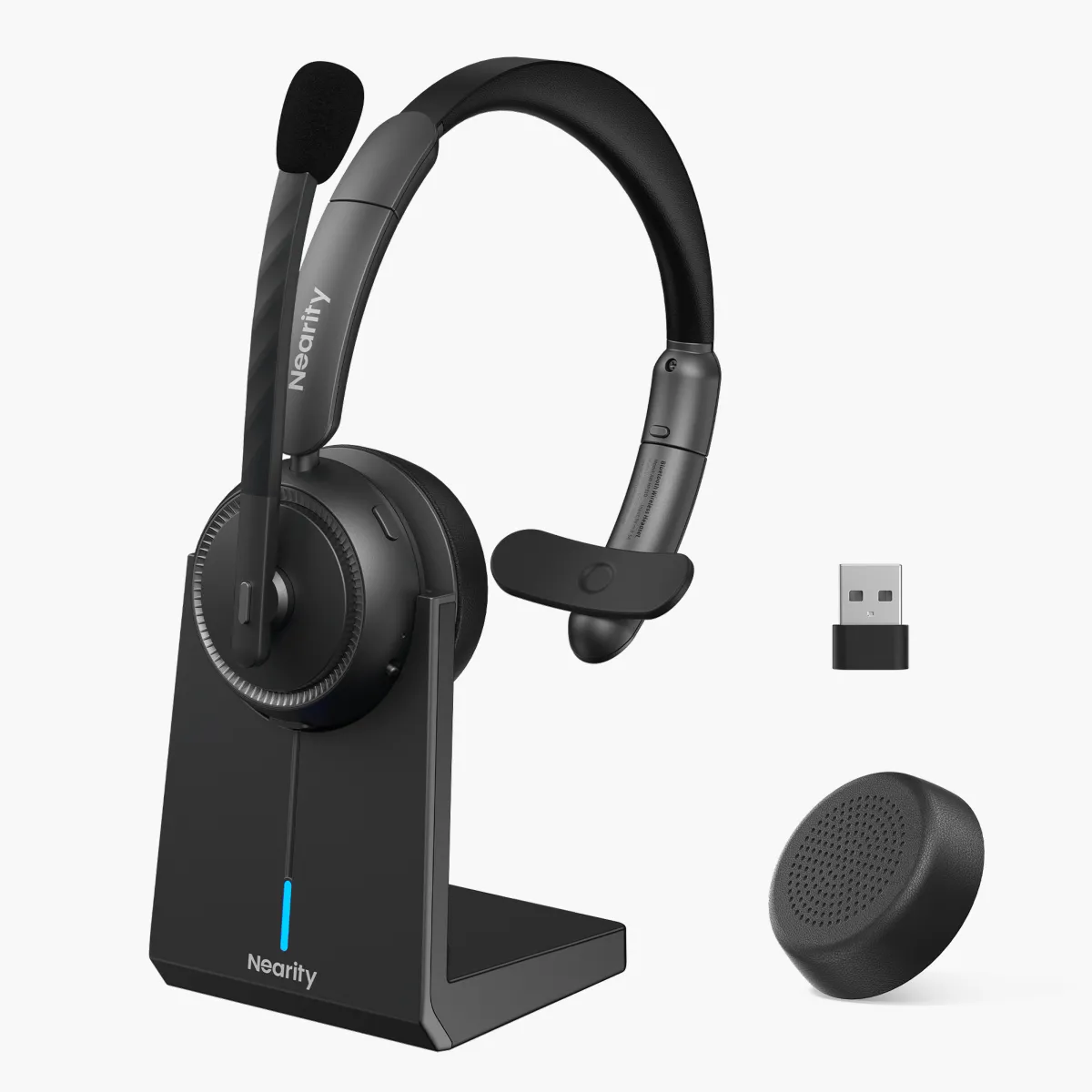 Nearity single ear bluetooth headset with charging stand, extra cushion, and USB dongle for PC and phone