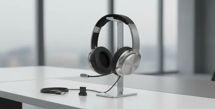 Premium wireless business headset on charging stand with USB dongle and USB-C cable on clean modern call center desk