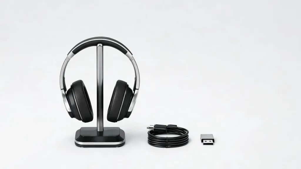 Product shot of a sleek modern wireless over-ear headset displayed on a charging stand, with accessories arranged beside it including a USB cable and wireless dongle, bright studio lighting, clean product photography, no text, no logos, clean edges, no borders, no black bars, full bleed composition