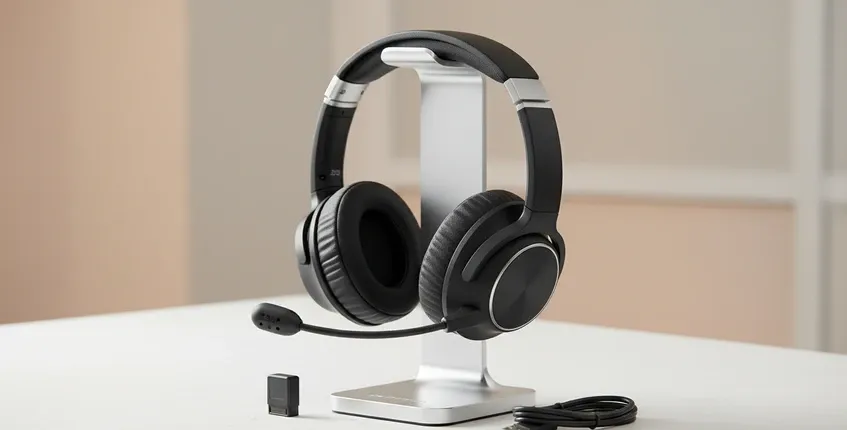 Premium wireless business headset on charging stand with USB dongle and USB-C cable neatly arranged on clean white desk