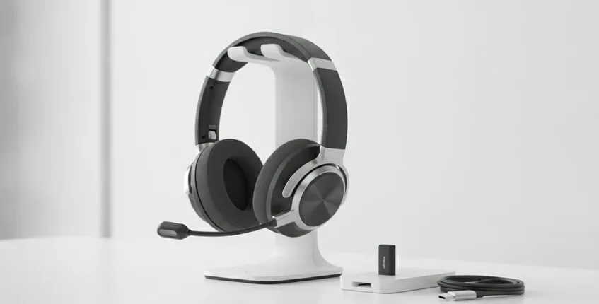 Premium wireless business headset on charging stand with USB dongle and USB-C cable arranged on clean white desk