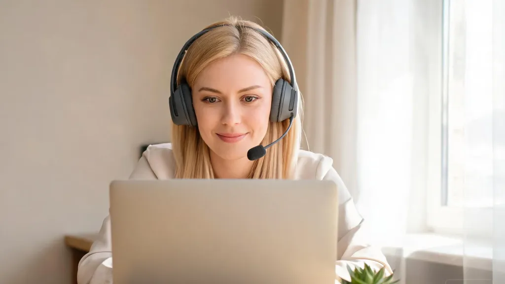 A professional woman with North American features wearing a wireless headset and smiling slightly while on a video call, bright home office, laptop visible, natural daylight.