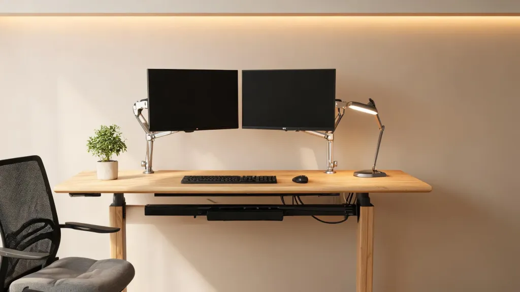 A modern ergonomic home office with an electric standing desk, dual monitors on adjustable arms, mechanical keyboard, and cable management tray
