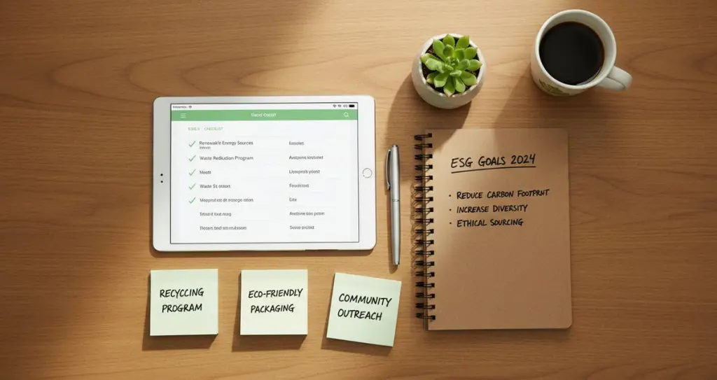 A top-down view of an ESG planning workspace with a tablet showing a sustainability checklist, notebook with handwritten goals, coffee cup, and sticky notes with green initiative ideas